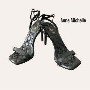 Anne Michelle Black Patent Peep Square Toe Strap High Heel Shoe Stiletto Sz 9/39